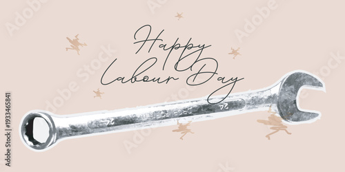 Happy Labour Day wrench tool with beige background
