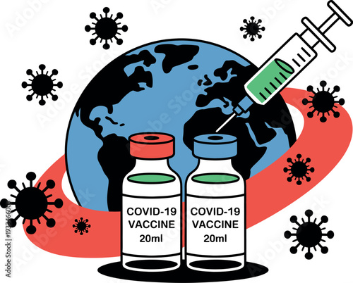 An illustration of COVID-19 vaccine vials and a syringe in front of a globe with virus particles