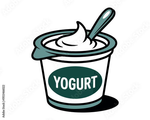 A cartoon illustration of a cup of yogurt with a spoon in it