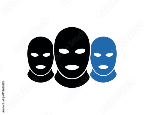 Three masked figures in black and blue on a white background
