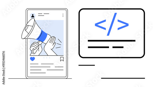 Online marketing, web development, technology, digital advertising, content creation, branding. A smartphone post with a megaphone and coding symbol. Online marketing and web development concepts