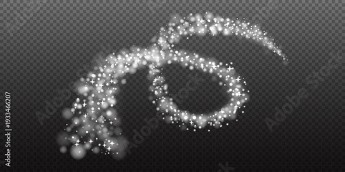 Christmas snow flake trail with sparkling light particles and stars creating a magical bokeh effect. Perfect for festive, fantasy or celebration designs. Stock vector illustration in realistic style.