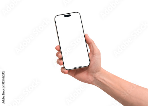 Wallpaper Mural Hand holding smartphone mockup with blank screen isolated on transparent background. Mobile phone with empty display for copy space. Torontodigital.ca