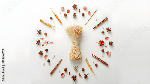 Assorted spices and noodles arranged in a circular pattern on a white background, viewed from above.