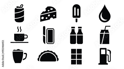 A set of minimalist vector icons depicting various food and drink items, including coffee, cake, and soda, in a flat design style, ideal for restaurant menus or food blogs.