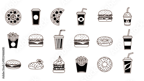 Fast food icon set with street food symbols, simple vector illustration for restaurants, diners and casual dining concepts