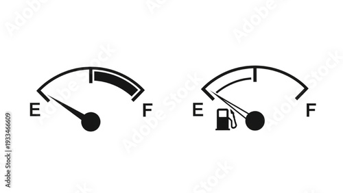 Black gas and fuel gauge meter icon showing full and empty levels, vector illustration for automotive and energy concepts