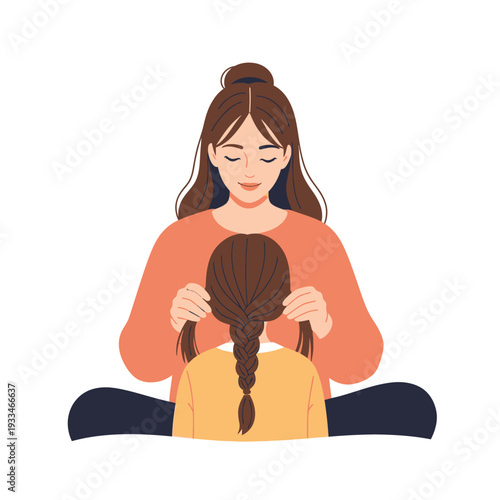 Woman Braiding Young Girls Hair Illustration.