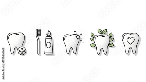 Teeth cleaning editable stroke outline icons set isolated on white background, flat vector illustration for dental care and oral hygiene