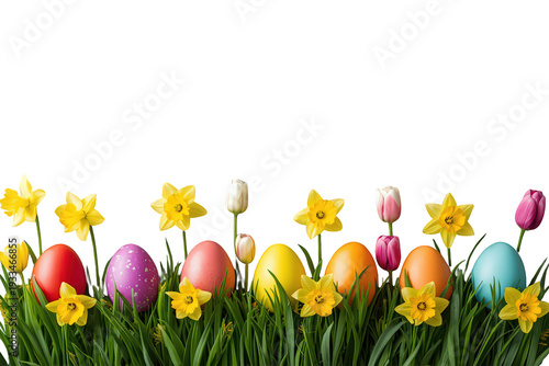 Colorful easter eggs and spring flowers like daffodils and tulips growing in green grass, celebrating spring. Transparent background