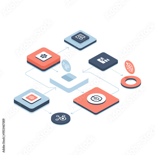 Isometric diagram illustrating a complex data flow or business process with interconnected technological components and abstract icons.