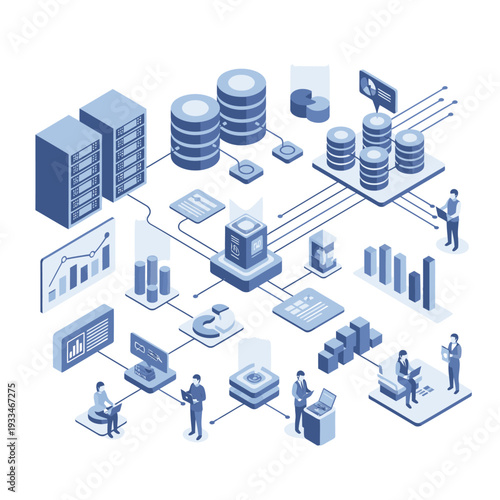 Isometric illustration of a comprehensive data management system with servers, databases, analytics, and people working on data processing and business intelligence.