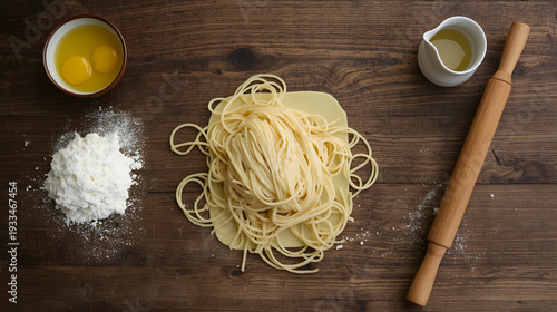Fresh pasta dough and ingredients on a rustic wooden table viewed from above