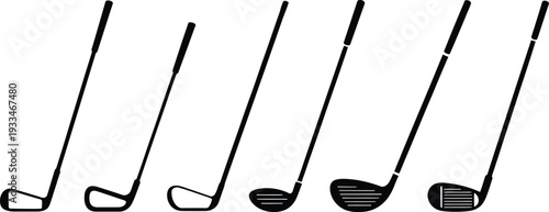 Vector graphics of various golf club heads and shafts in black and white