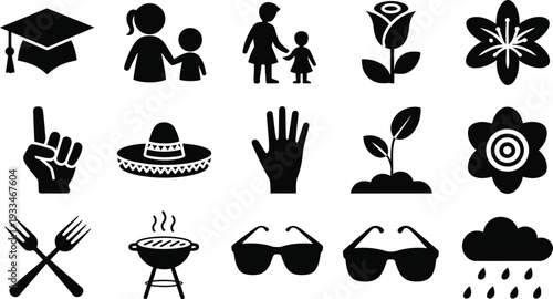 Vector graphics icons set including education family plants food and weather elements
