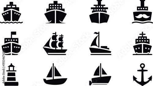 Vector nautical icons set featuring various boats ships and anchors