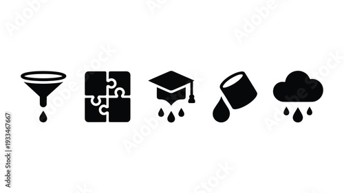 A set of flat design icons featuring a funnel, puzzle, graduation cap, bucket, and cloud with raindrops, symbolizing learning and resource management in a simple, scalable vector graphic