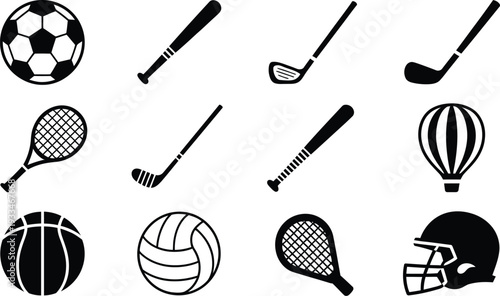 Vector graphics of various sports equipment and icons in black and white