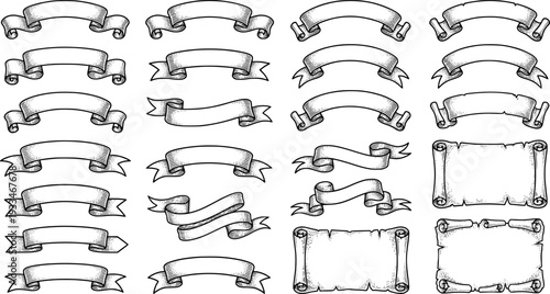 A scroll or banner parchment paper ribbon band in a vintage woodcut style
