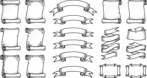 A scroll or banner parchment paper ribbon band in a vintage woodcut style
