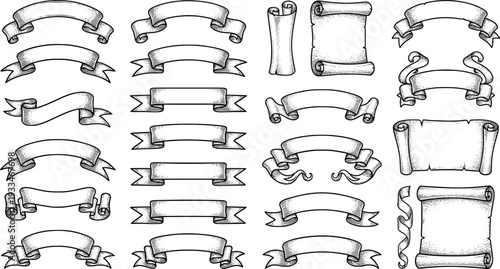 A scroll or banner parchment paper ribbon band in a vintage woodcut style
