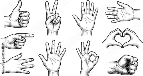 Cut out hand emoji gestures set. Various halftone hands signs vintage dotted stickers. Modern retro vector illustration for mixed media design, collage and scrapbook isolated on transparent background