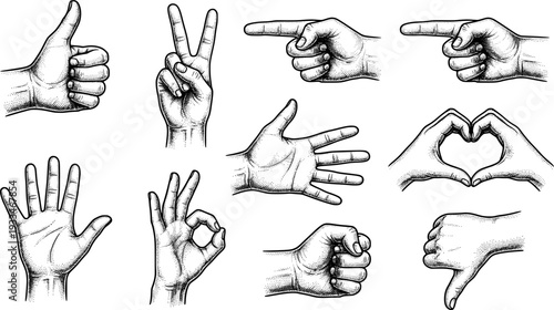 Cut out hand emoji gestures set. Various halftone hands signs vintage dotted stickers. Modern retro vector illustration for mixed media design, collage and scrapbook isolated on transparent background