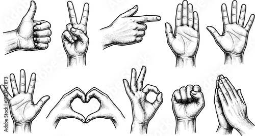 Cut out hand emoji gestures set. Various halftone hands signs vintage dotted stickers. Modern retro vector illustration for mixed media design, collage and scrapbook isolated on transparent background