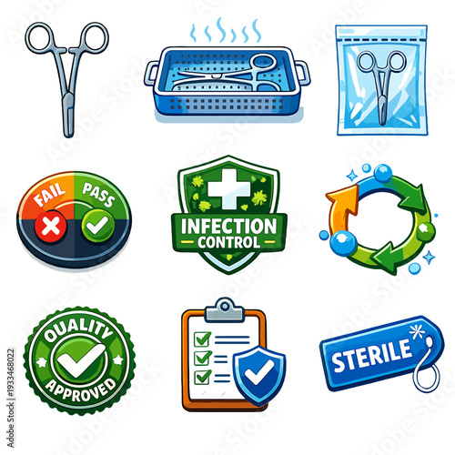 Sterilization and infection control icons for medical and healthcare safety