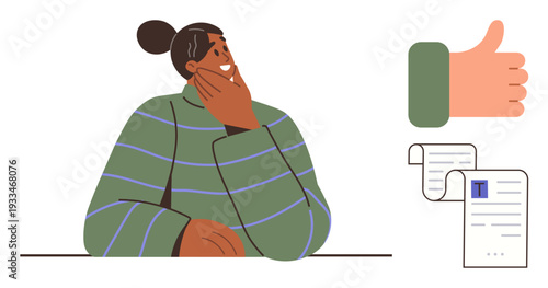 Decision making, approval process, documentation, personal reflection, business tasks, problem solving. A person in thought with documents and a thumbs-up icon. Decision making and approval process