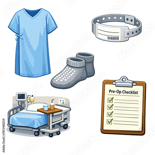 Hospital essentials: gown, wristband, socks, bed, pre-op checklist