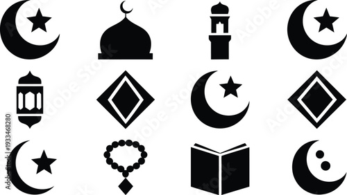 Islamic vector icons set featuring crescent moon mosque lantern and quran symbols