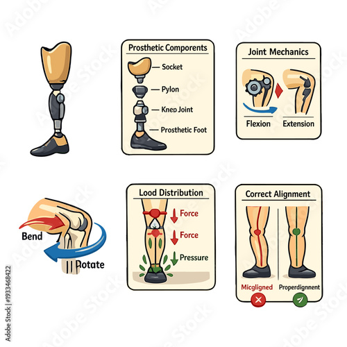 Prosthetic leg components and joint mechanics for correct limb alignment