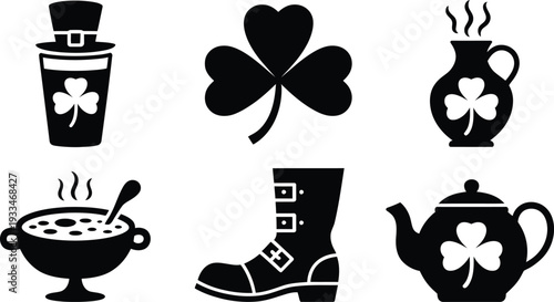St patrick's day vector icons set featuring shamrocks tea pot and traditional irish symbols in black and white