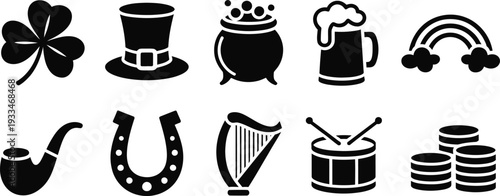 Vector st patrick's day symbols and icons set clover hat beer shamrock harp horseshoe pipe drums