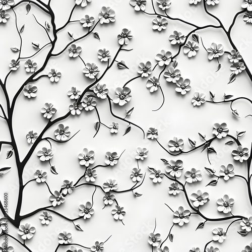 An intricate floral vine pattern with small flowers, rendered in a 3D puffed style, on a solid white background