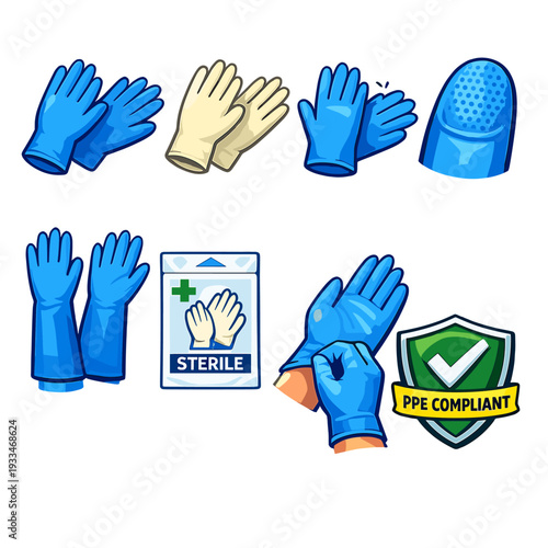 Various protective gloves and ppe symbols with sterile packaging and compliance badge