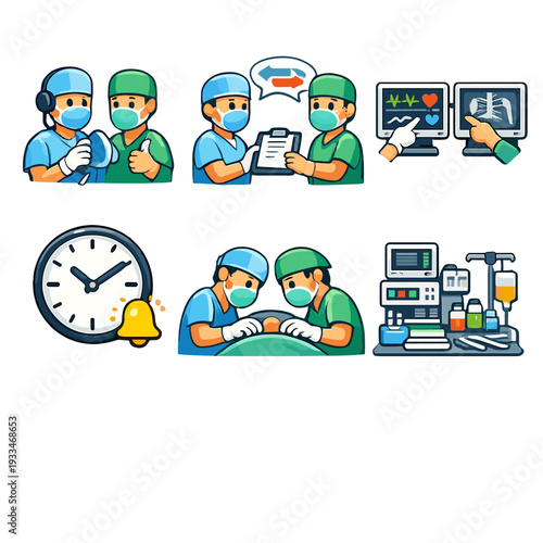 Surgical teamwork and medical technology icons for healthcare professionals