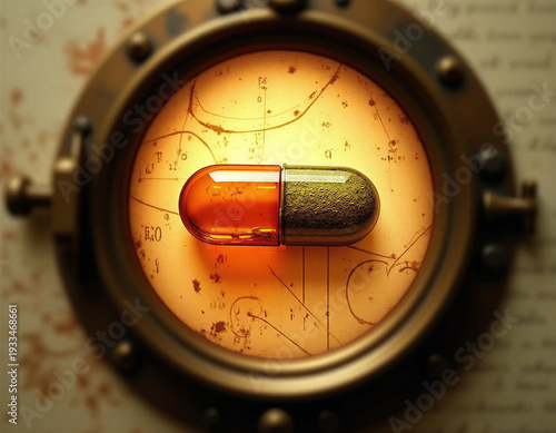 Generic pill cross-section through vintage brass porthole, engraved illustration style. Backlit amber glow, rust and honey tones, aged paper texture, fine crosshatch shading, pharmaceutical macro