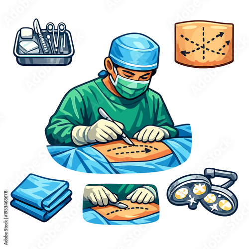 Cartoon surgeon performing abdominal surgery in operating room illustration