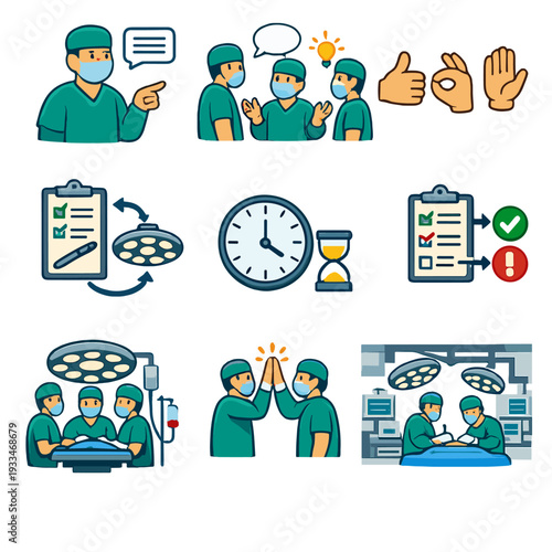 Medical team collaboration icons for surgery and hospital workflow