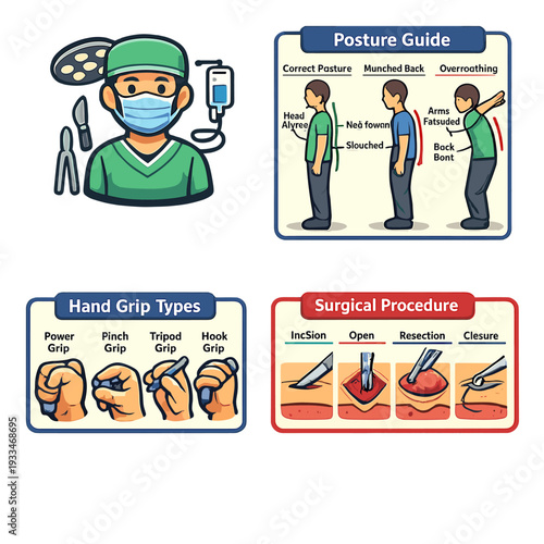 Surgical procedures and hand grip techniques illustrated for medical education