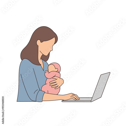 Mother Holding Baby Using Laptop Computer.