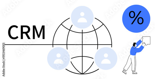 CRM concept. CRM with global connectivity and user icons highlights customer interaction and data organization. CRM aids businesses in sales, marketing, and customer support. For tech, analytics
