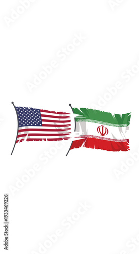 Two tattered national flags, representing the United States and Iran, fly on poles facing each other with frayed edges on a white background.