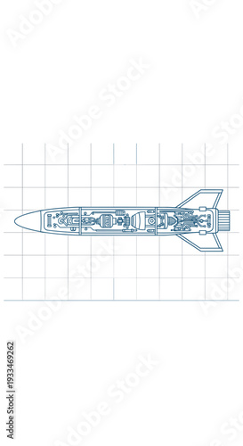 A single detailed blueprint-style line drawing of a missile with visible internal components is laid horizontally on a light grid background.