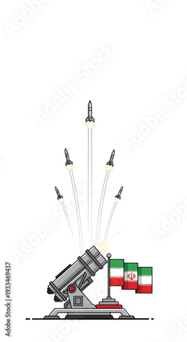 A gray missile launcher and a waving Iranian flag stand on a white ground while five missiles ascend with smoke trails.