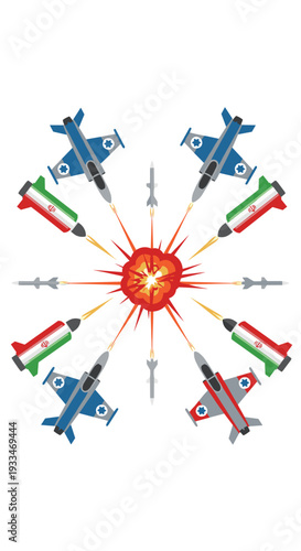 Eight fighter jets, four Israeli and four Iranian, launch missiles towards a central fiery explosion on a pristine white background.