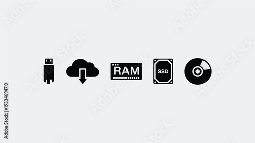 A simple, modern vector graphic depicting various computer storage and data transfer icons in a flat design style, ideal for tech-related projects.