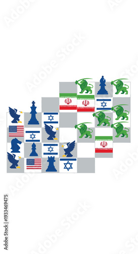 An abstract chessboard with national flags and stylized chess pieces is arranged diagonally across a clean white background.